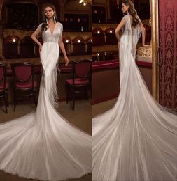 Glamorous Shiny Tassels Mermaid Wedding Dresses Deep V Neck Sleeveless Bridal Gown Custom Made Sequined Women Wedding Gowns