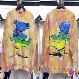 Men's Hoodies Sweatshirts Oversize Cartoon Bear Sweatshirts Men Women High Quality Multicolour Crackle Graphic Tie-dye Hoodie Heavy Fabric Crew Neck T220825