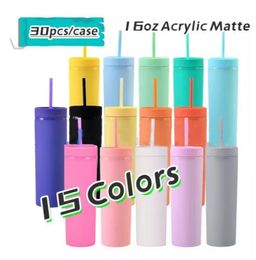 USA STOCKS 15 Colors matte 16oz plastic tumblers Double wall Acylic water bottles coffe mugs with colorful lids