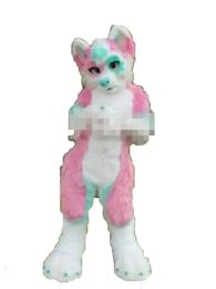 Mascot Costumes Profession made Pink Long Fur Furry Fox Wolf Husky Dog Mascot Costume Fursuit Adult Cartoon Christmas party