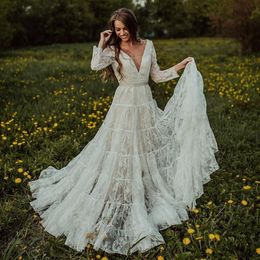 Bohemian Lace Wedding Dresses Backless Bridal Gowns Long Sleeves Deep V Neck A Line Sweep Train Tulle robe de mariee