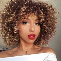 Ombre Blonde Highlight Balayage kinky Curly Human Hair Wig With Bang bouncy Short Bob Wig Machine Made For Black Women 150%.