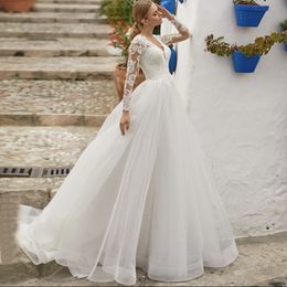 2022 Lace ball gown Wedding Dresses Sexy long Sleeves Applique Sweep Train A Line Bridal Gowns boho wed gown