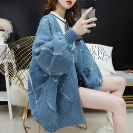 Women's Fur Faux Fur Red Knitted Sweater Women Student Tops Autumn Korean Fashion Casual Loose Frayed Long Sleeve Knitting Cardigan Ladies Jumper 220826