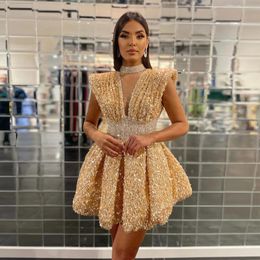 Sparking Sequin Homecoming Dresses Bead Neck Short Prom Gown Pleated Skirt Robe De Tail Club Wears 326 326