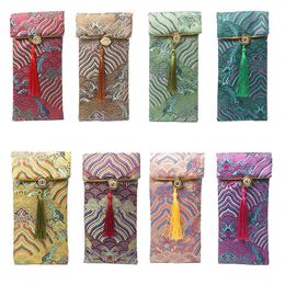 10pcs Seawater Thicken Silk Brocade Pouch for Jewelry Glasses Phone Wooden Comb Storage Bag Vintage Tassel Rectangle Gift Packaging Bags