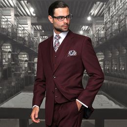 Burgundy Mens Suits Slim Fit Groomsmen Wedding Tuxedos Three Pieces Designer Notched Lapel Blazers Formal Suit With Jacket And Pants