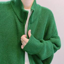 Men's Jackets Korean Fashion Men Winter Zipper Knitted Sweater High Street Loose Green Trendy Standup Collar Oversize Cardigan Sweater Men LL220826