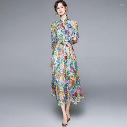 Casual Dresses Women Autumn Elegant Floral Chiffon Dress Festa High Quality Long Vintage Party Robe Femme Runway Designer VestidosCasual