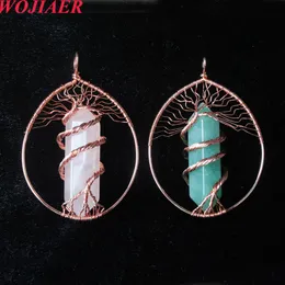 WOJIAER Tree Of Life Natural Pendant Stone Copper Color Wire Wrapped Crystal BO968
