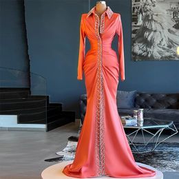 Attractive Bead Collar Evening Dresses Croal Ruched Special Occasion Gown With Long Sleeve Arabic Dubai Vestidos De Gala Wear