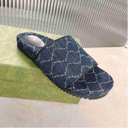 Beach Men Women Slippers Mid-heel Platform Slides Beach Sandals Dark Blue ivory jacquard denim Mouse canvas Mens Shoes