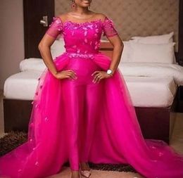 Aso Ebi African Fuchsia Prom Jumpsuits Dresses Evening Wear Detachable Train 3D Floral Lace Appliques Short Sleeve Special Occasion Gowns For Women 2022