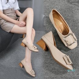 Dress Shoes Women Pumps Square High Heels Thick Buckle Imitation Leather PU Office Single Shoes