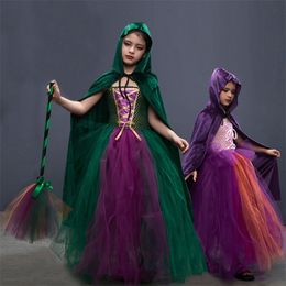 Special Occasions Disguise Girls Hocus Pocus Witch Sisters Costume Kids Halloween Fancy Gown Tutu Dress with Cape for Cosplay Party Outfit a220826