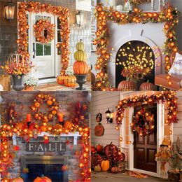 Other Festive Party Supplies Artificial Autumn Maple Leaves Pumpkin Garland Led Fairy Lights for Thanksgiving Christmas DIY Decoration Halloween Props 220826