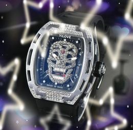 Luxury Hollow Skull Diamonds SKeleton Watch Barrel Design 43mm Quartz Analog Movement Clock Rubber Belt Outdoor Sports Mens Hardex Glass Wristwatch