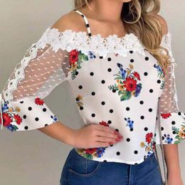 Women's Blouses Shirts Autumn Women Elegant Stylish Party Top Female Fashion Basic Casual Shirt Cold Shoulder Mesh Insert Dots Floral Print Blouse 220826