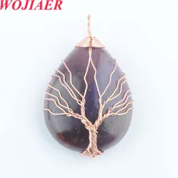 New Women Natural Stone Waterdrop Pendant for Necklace Fashion Wrap Wire Tree of Life Purple Crystal Opal Charm Female Jewellery BO901