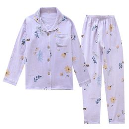 Women's Sleep Lounge Cotton Gauze Pyjamas Long Sleeve Spring Pyjama Set Purple Lavender Print Sleepwear Piece Casual Loose