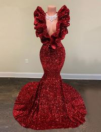 Sexy Dark Red Sequins Mermaid Evening Dresses Wear Sleeveless Deep V Neck Ruffles Sequined Lace Special Ocn Prom Party Gowns Vestidos De Novia 403