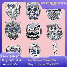 925 Silver fit Pandora Charm Bracelet bead Cute Blue Eyes Owl Dangle charmes ciondoli DIY Fine Beads Jewellery