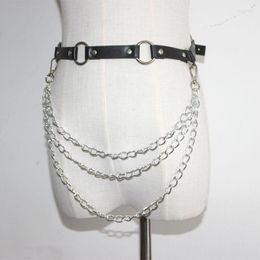 Belts Gothic Silver Metal Chain Waist Belt Black Sexy Punk PU Leather Harness Straps Goth Club Party For Women