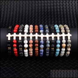 Beaded Strands Fashion Jesus Cross Charm Bracelets Men Nature Lava Stone 8Mm White Beads Prayer Reiki Bangles For Women Yoga Drop De Dhjrg