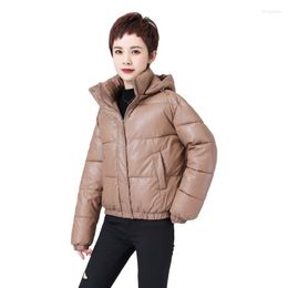 Women's Trench Coats 2022 Winter PU Leather Cotton Padded Jacket Women Full Sleeve Casual Thicken Hooded Loose Solid Parkas Female LD2490