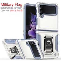 Phone Cases For Samsung Z FLIP 3 4 With Metal Ring Kickstand Support Magnetic Car Mount Military Grade Heavy Duty Protection Support Drop Protective Cover