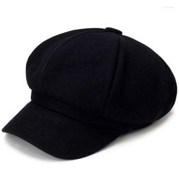 Berets Women's Hat Autumn Winter Warm Fashion Octagonal Woollen Cloth Casual Beret Cap Solid Artist Painter Sboy Hats Black Grey