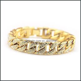 Cuff Mens Womens Chain Hiphop Curb Bracelet Cuban Sier Gold-Plated With Clear Rhinestones 12 Pieces Drop Delivery 2021 Jewellery Bracele Dhfti