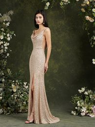 Champagne pailletten zeemeermin bruidsmeisje jurken 2022 elegante spleet lange formele avond prom -jurken voor bruiloftsfeestje
