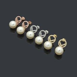 Europe America Fashion Style Hoop Earrings Lady Women Three Color Hardware Engraved F Letter Tassels Single Pearl With Diamond Earring