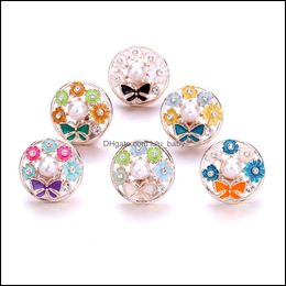 Components Colorf Butterfly Flower Crystal Snap Button Jewellery Sier Acrylic Pealr 18Mm Metal Snaps Buttons Fit Bracelet Bangle Noosa Dhxbd