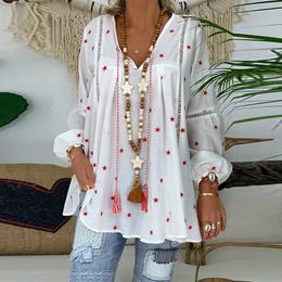 Women's Blouses Shirts White Blouse For Women Casual Lantern Long Sleeve Hollow Out Female Tunic 4XL Plus Size Pentagram Printed Blouse Shirt 220826