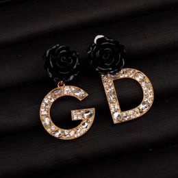 Ladies Ear Cuff Black three-dimensional rose Earrings Studs Crystal G D Letters pendants 18K gold plated Anti allergy women's Full Diamond Ears Clip Designer Jewelry