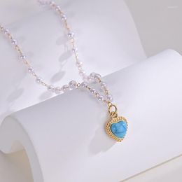 Pendant Necklaces INS French Design Pearl Heart Necklace For Women Elegant Blue Clavicle Chain Stainless Steel Jewellery Accessories Collier