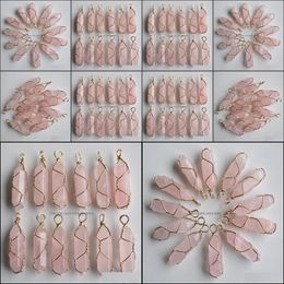 iron rose jewelry Canada - Charms Natural Stone Pink Hexagonal Pillar Charms Rose Quartz Chakra Handmade Gold Iron Wire Pendants For Jewelry Making W Bdejewelry Dh6Uf