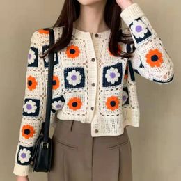 Women's Jackets 3D Flowers Shirts Hollow Embroidered Knitted Cardigan Thin Jacket Lazy Retro Long Sleeve Korean Sweaters Pull Fashion Knitwear 220827