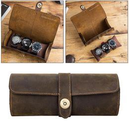 Watch Boxes Portable Exquisite Handmade Leather 3 Slots Storage Box With Slid In Out Organisers Gifty Roll Travel Case