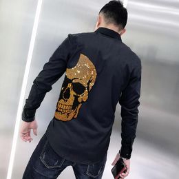 Men's Casual Shirts Loose Business Men's Shirt High-Quality Long-Sleeved Super Shiny Gold Personality Skull Drilling Spring And Autumn