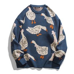 Men's Sweaters Japanese Knitted Sweater Men Cartoon Animal Duck Goose Print Pullover Harajuku Casual Oneck Oversize Top Streetwear Unisex Fall 220826