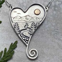 Pendant Necklaces Trend Personality Female Heart-shaped Creative Design Flying Bird Mountain River Forest Sun Necklace Jewelry