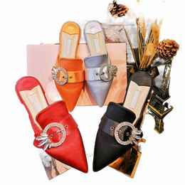Designer Womens Sandal Slipper Slide PU Feather Diamond Button Pointed Rubber Slippers Silver Black Red Orange 34-40