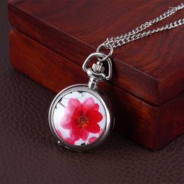 Pocket Watches Silver Little Red Flower Pattern Watch Ceramic Patch Flip Necklace Pendant