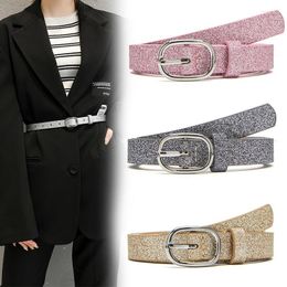 Belts Korean Style Women's Belt Glitter Golden Waist Metal Buckle Casual PU Leather Girl Clothes Accessories Bling Waistband