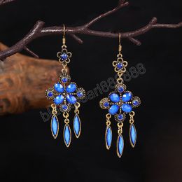 Vintage Blue Flower Indian Jhumka Dangle Earrings Bijoux Women's Ethnic Bohemia Crystal Earrings