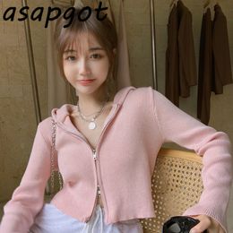 Women's Jackets Short Solid Pink Hooded Sweaters Double Zipper Cardigan Coat Chic Korean Sweet Fashion Knitwear Tops Wild Drop Gentle 220827