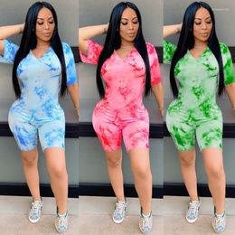 Women's Tracksuits Zoctuo Women Tie Dye Club Two Piece Set V-Neck T-Shirt Shorts Pants 2022 Summer Fashion Short Sleeve Casual 2 Sets